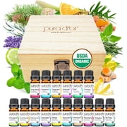 PURA D'OR Sweet16 Organic Essential Oil Wood Box Set 10mL X 16 - Calm Daily mental Relief - Lavender, Eucalyptus, Sweet Orange, Lemongrass, Tea Tree, Lemon