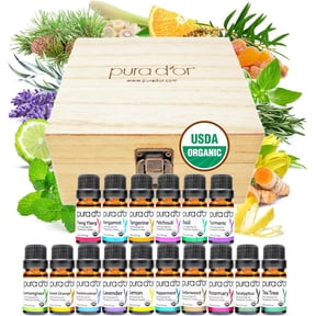 PURA D'OR Sweet16 Organic Essential Oil Wood Box Set 10mL X 16 - Calm Daily mental Relief - Lavender, Eucalyptus, Sweet Orange, Lemongrass, Tea Tree, Lemon