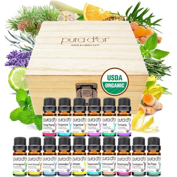 PURA D'OR Sweet16 Organic Essential Oil Wood Box Set 10mL X 16 - Calm Daily mental Relief - Lavender, Eucalyptus, Sweet Orange, Lemongrass, Tea Tree, Lemon