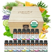 PURA DOR Sweet16 Organic Essential Oil Wood Box Set 10mL X 16 - Calm Daily mental Relief - Lavender, Eucalyptus, Sweet Orange, Lemongrass, Tea Tree, Lemon