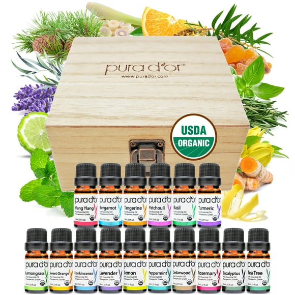 PURA D'OR Sweet16 Organic Essential Oil Wood Box Set 10mL X 16 - Calm Daily mental Relief - Lavender, Eucalyptus, Sweet Orange, Lemongrass, Tea Tree, Lemon