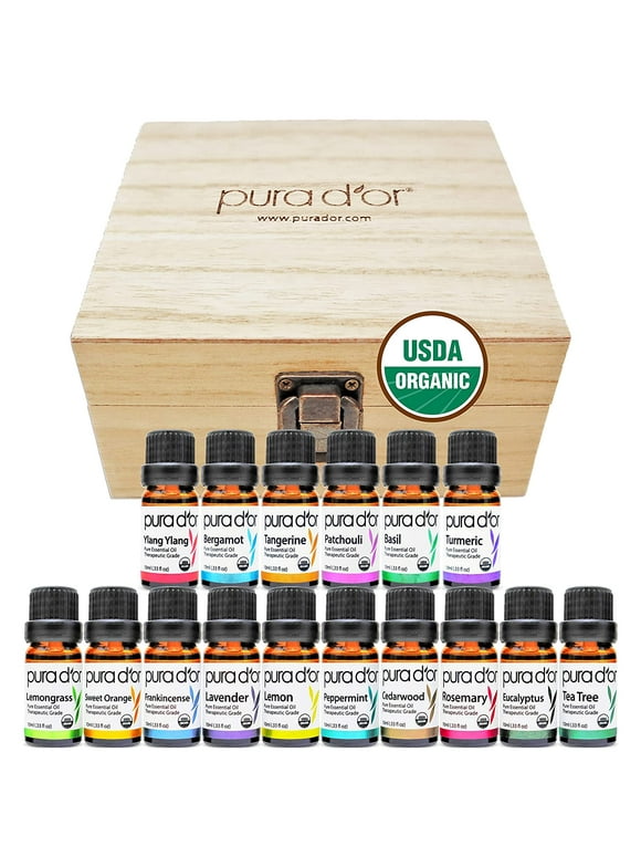 PURA D'OR Sweet16 Organic Essential Oil Wood Box Set 10mL X 16