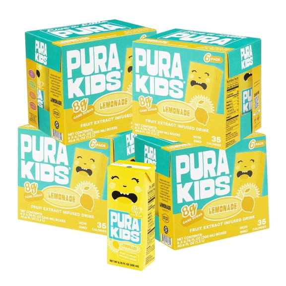 PURA Kids Box | Lemonade Fruit extract infused Drink for kids | 8g Pure Cane Sugar | Non-GMO | Vegan, No Artificial Sweeteners | Best Lunchbox Beverage with Paper Straw | 6.67 fl oz (200ml) 24-Pack