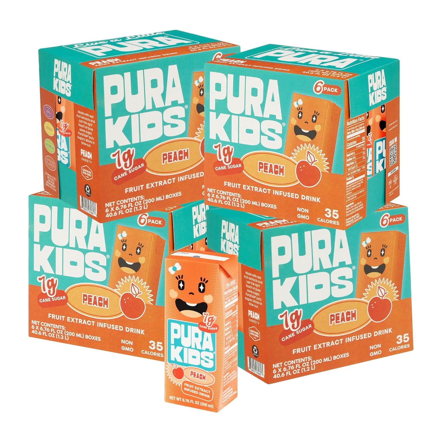 PURA Kids Box | Peach Fruit extract infused Drink for kids | 7g Pure Cane Sugar | Non-GMO | Vegan, No Artificial Sweeteners | Best Lunchbox Beverage with Paper Straw | 6.67 fl oz (200ml) Pack of 24