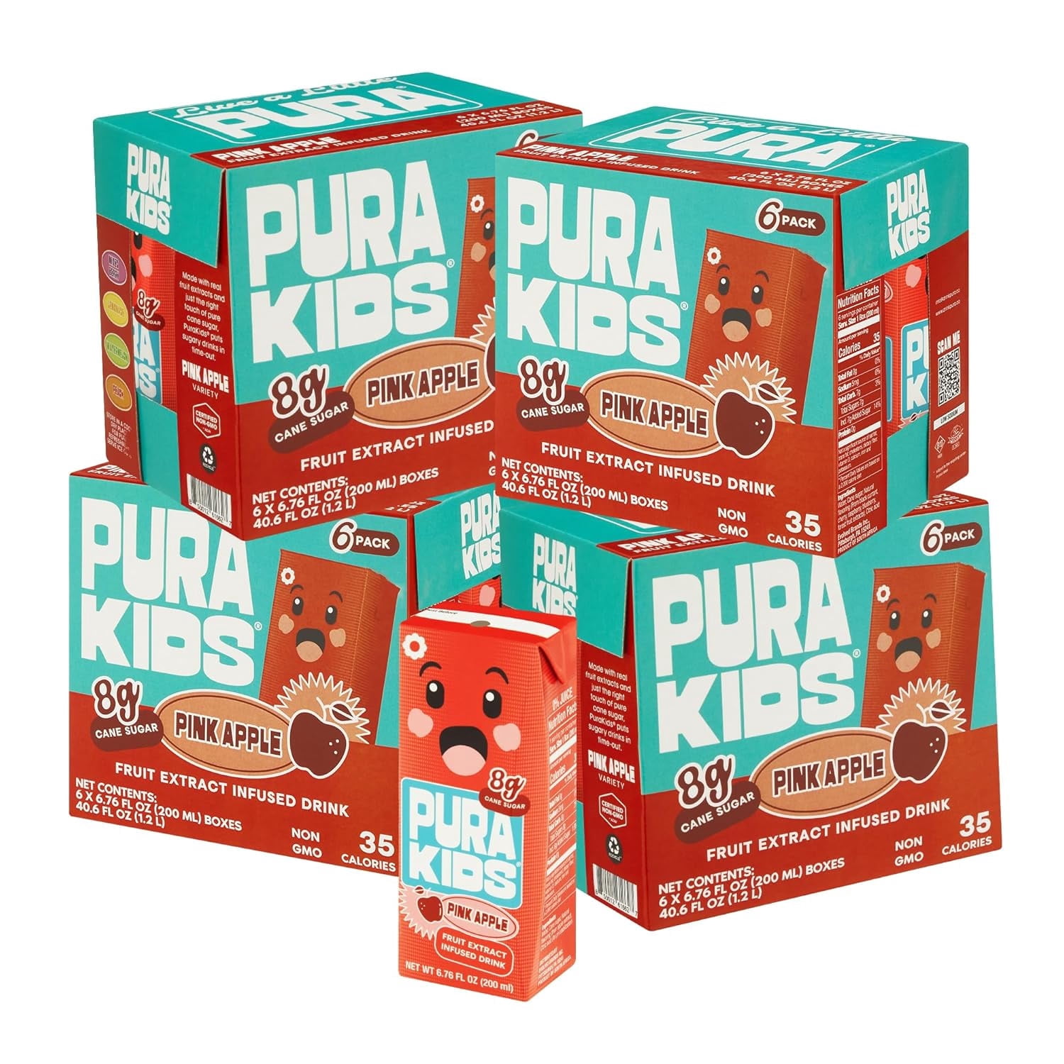 PURA Kids Box | Pink Apple Fruit extract infused Drink for kids | 8g Pure Cane Sugar | Non-GMO | Vegan, No Artificial Sweeteners | Best Lunchbox Beverage with Paper Straw | 6.67 fl oz (200ml) 24-Pack