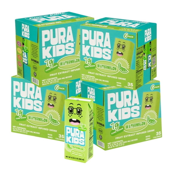 PURA Kids Juice Box | Watermelon Fruit Extract Juice Drink for Kids | 7g Pure Cane Sugar | Non-GMO | Vegan | No Artificial Sweeteners | Lunchbox Juice with Paper Straw | 6.76 Fl Oz (200ml),Pack of 24