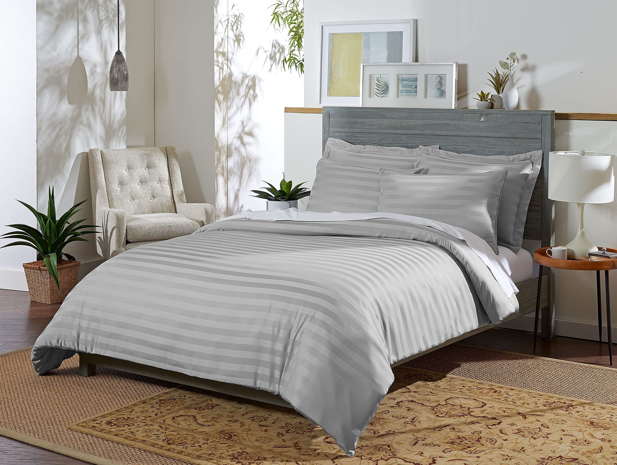 PURE BAMBOO King Size Duvet Cover Set - 100% Organic Bamboo, Luxuriously Soft and Cooling - 3 Piece Set - 1 King Button Closure Duvet Cover with Ties, 2 Pillowcases (King, Jacquard Silver