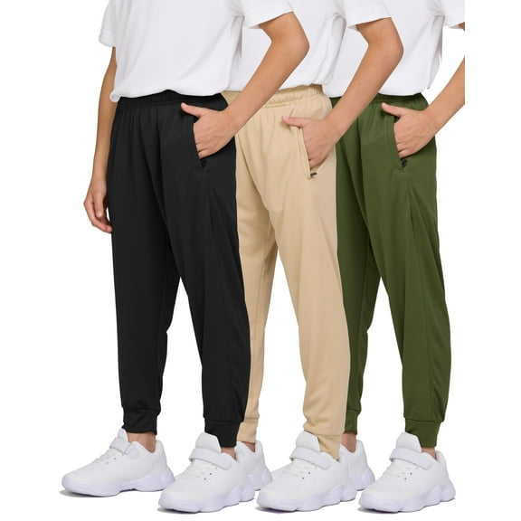 PURE CHAMP 3 Pack Boys Sweatpants Mesh Lightweight Kids Clothes with Zipper Pockets Active Quick-Dry Boys Pants Sizes 4-20 (Set 4 Size Large)
