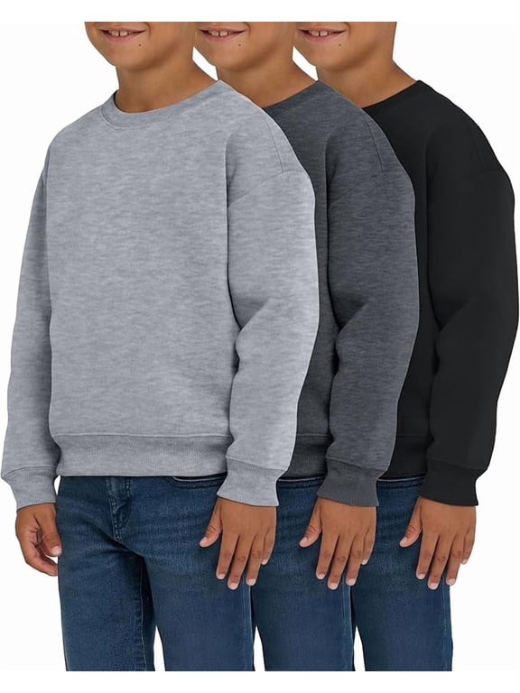 , 3 Pack Boys Sweatshirts, Long Sleeve Boy Crewneck, Relaxed Soft Essentials, Teen Pullover Sweaters, Fleece For Youth Kids, Sizes 2T-18/20
