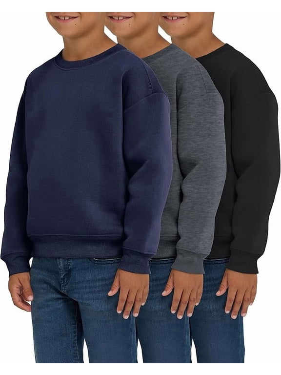 , 3 Pack Boys Sweatshirts, Long Sleeve Boy Crewneck, Relaxed Soft Essentials, Teen Pullover Sweaters, Fleece For Youth Kids, Sizes 2T-18/20