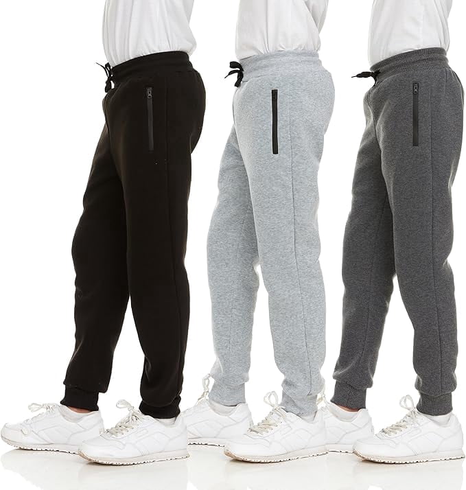 Boys 3 Pack Fleece Jogger Sweatpants with Zipper Pockets Drawstring Sizes 2T-18
