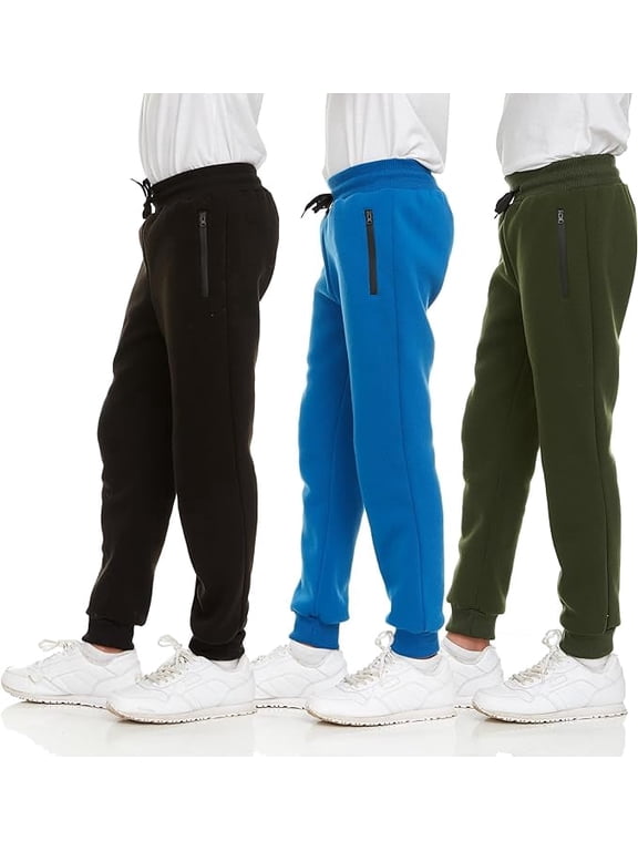 3 Pack Boys Sweatpants, Fleece Boys Joggers for Toddler, Kids & Youth, Athletic Pants with Zipper Pockets, Sizes 2T-18