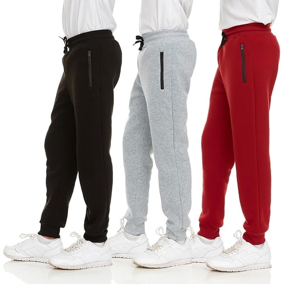 Pure Champ 3-pack boys fleece athletic joggers with zipper pocket and drawstring, Black, Size 14/16-X-Large