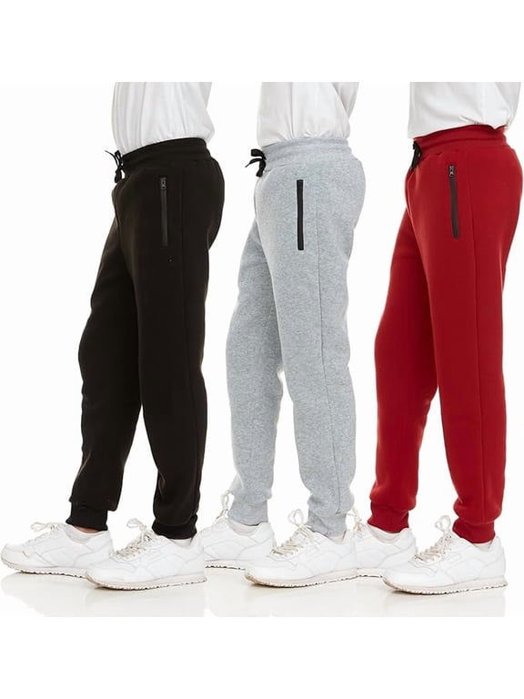 3Pk Boys Sweatpants, Fleece Athletic Workout, Kids Clothes, Boys Joggers with Zipper Pocket and Drawstring, Sizes 2T-20