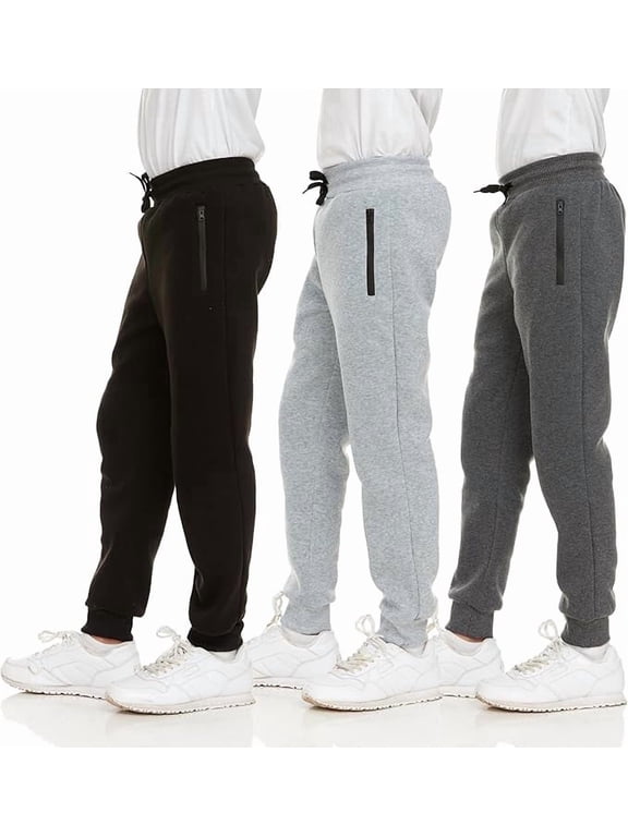 3 Pack Boys Sweatpants, Fleece Boys Joggers for Toddler, Kids & Youth, Athletic Pants with Zipper Pockets, Sizes 2T-18