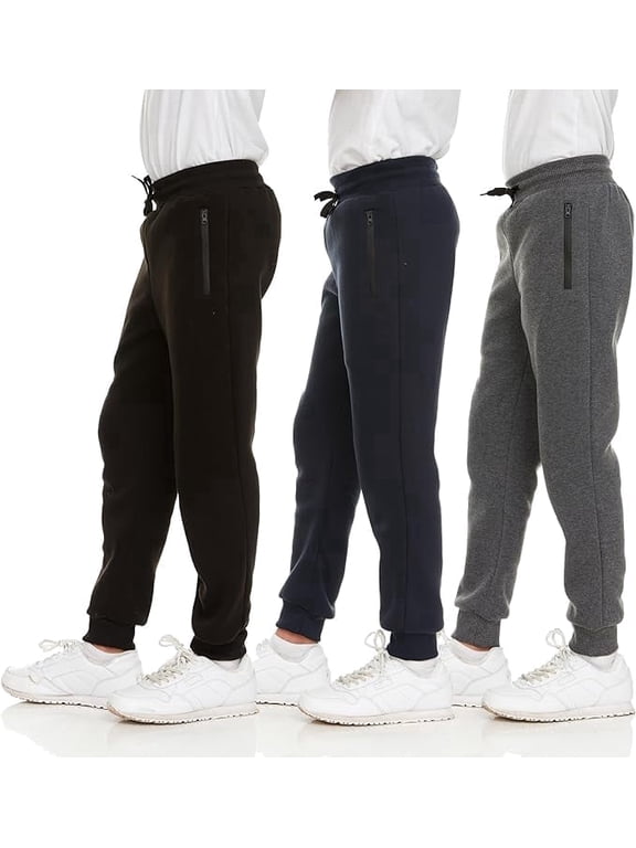 3 Pack Boys Sweatpants, Fleece Boys Joggers for Toddler, Kids & Youth, Athletic Pants with Zipper Pockets, Sizes 2T-18