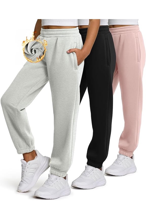 Girls Sweatpants 3 Pack Fleece Joggers, Teen Athletic Pants with Zipper Pockets 4-16