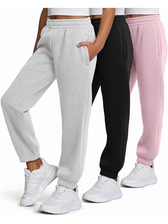 Girls Sweatpants 3 Pack, Fleece Joggers with Zipper Pockets, Kids Athletic Sweat Pants for Teens, Sizes 4-16