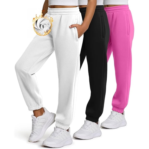 PURE CHAMP Girls Sweatpants 3 Pack Fleece Joggers, Teen Athletic Pants with Zipper Pockets 4-16