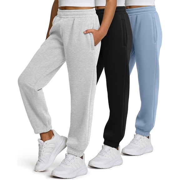 PURE CHAMP Girls Sweatpants 3 Pack Fleece Joggers, Teen Athletic Pants with Zipper Pockets 4-16