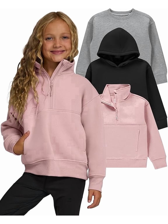 Girls Sweatshirt, 3 Pack Hoodies for Teen Girls, Crewneck Sweatshirt Quarter Zip, Fleece Hoodies, Sizes 2T–16 Clothing