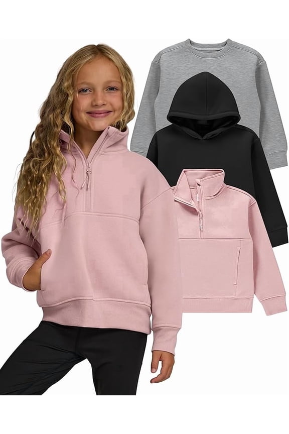 Girls Sweatshirt 3 Pack Hoodie, Crewneck & Quarter Zip Fleece Set, Sizes 4-16