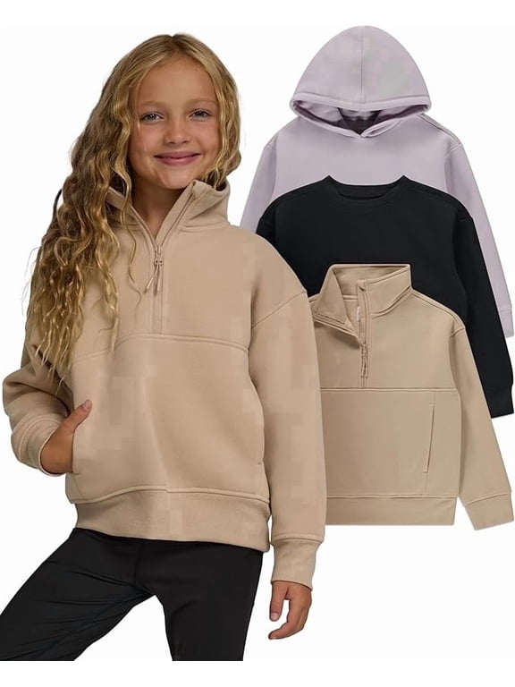 Girls Sweatshirt, 3 Pack Hoodies for Teen Girls, Crewneck Sweatshirt Quarter Zip, Fleece Hoodies, Sizes 2T–16 Clothing