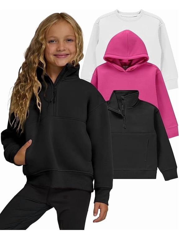 PC Girls Sweatshirt, 3 Pack Hoodies for Teen Girls, Crewneck Sweatshirt Quarter Zip, Fleece Hoodies, Sizes 2T–16 Clothing