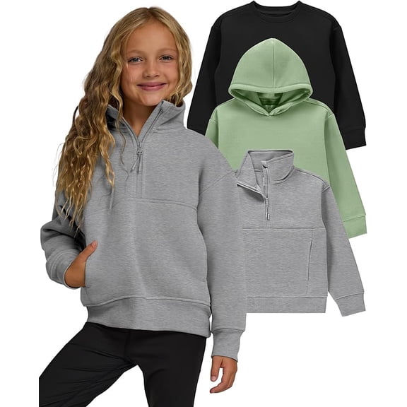 PURE CHAMP Girls Sweatshirt 3 Pack Hoodie for Teen Girls Crewneck Sweatshirt Quarter Zip hoodies Fleece Sizes 4–16 Clothing (Set 6 Size Large)