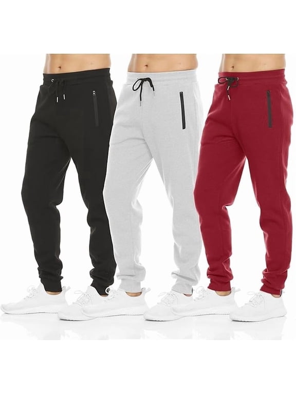Mens Sweatpants Joggers 3 Pack, Fleece Sweatpants for Men with Zipper Pockets, Athletic Workout Gym Jogging Pants, Sizes S-3XL