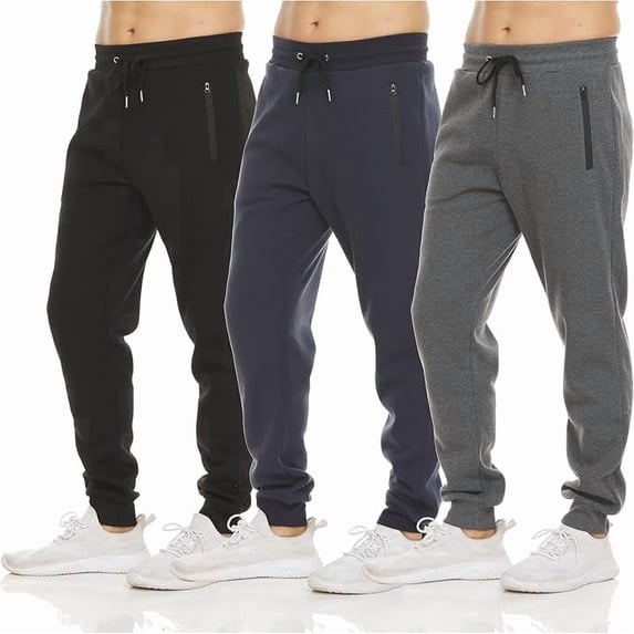 PC Men's Fleece Jogger Sweatpants 3 Pack with Zipper Pockets, Adjustable Drawstring, Athletic Joggers, Sizes S-3XL