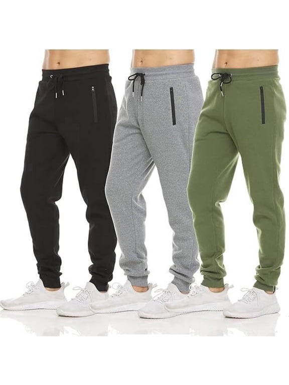 Men's Fleece Jogger Sweatpants 3 Pack with Zipper Pockets, Adjustable Drawstring, Athletic Joggers, Sizes S-3XL