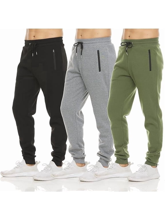 Men's Fleece Jogger Sweatpants 3 Pack with Zipper Pockets, Adjustable Drawstring, Athletic Joggers, Sizes S-3XL