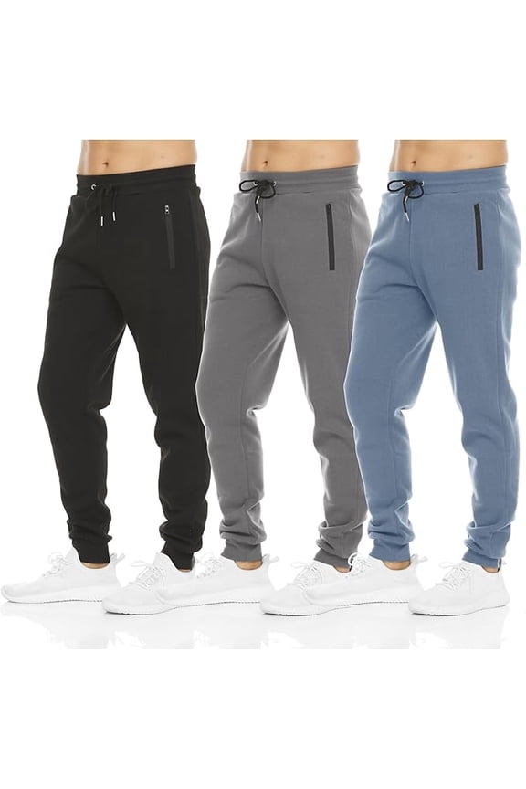 Mens 3 Pack Fleece Active Athletic Workout Jogger Sweatpants for Men with Zipper Pocket and Drawstring Size S-3XL