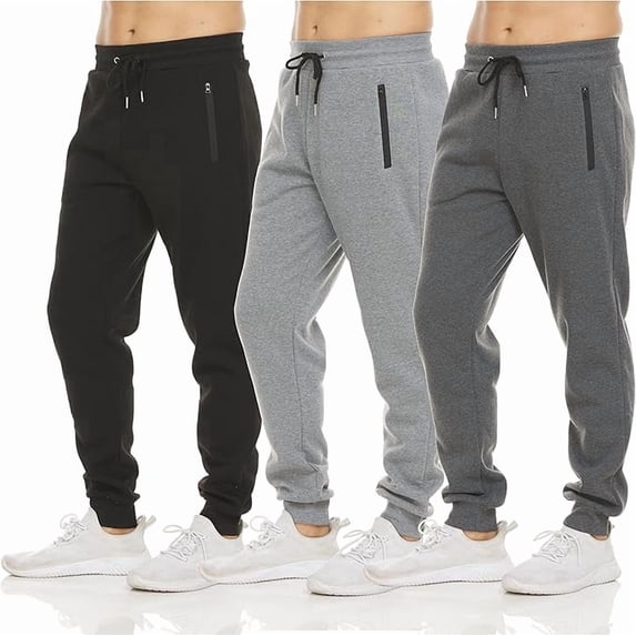 PC Men's Fleece Jogger Sweatpants 3 Pack with Zipper Pockets, Adjustable Drawstring, Athletic Joggers, Sizes S-3XL