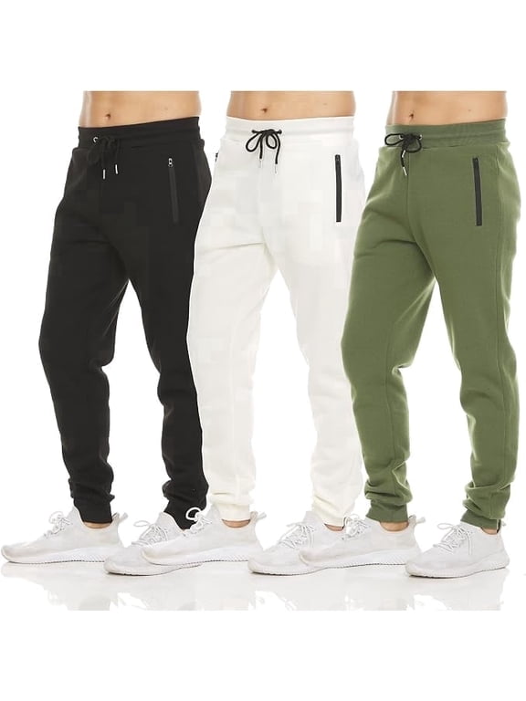 Men's Fleece Jogger Sweatpants 3 Pack with Zipper Pockets, Adjustable Drawstring, Athletic Joggers, Sizes S-3XL