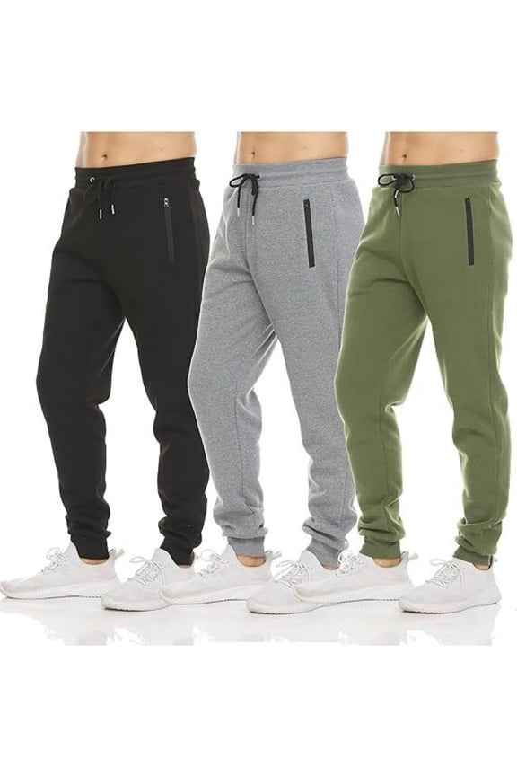 Mens 3 Pack Fleece Active Athletic Workout Jogger Sweatpants for Men with Zipper Pocket and Drawstring Size S-3XL