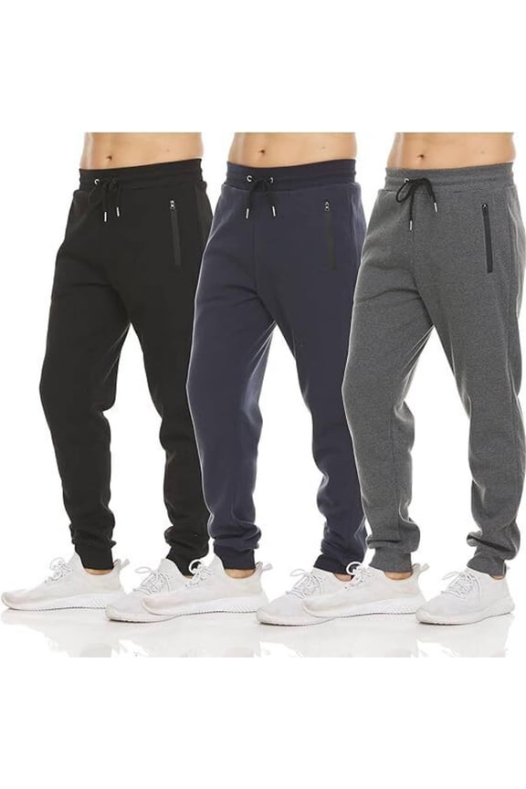 Mens 3 Pack Fleece Active Athletic Workout Jogger Sweatpants for Men with Zipper Pocket and Drawstring Size S-3XL