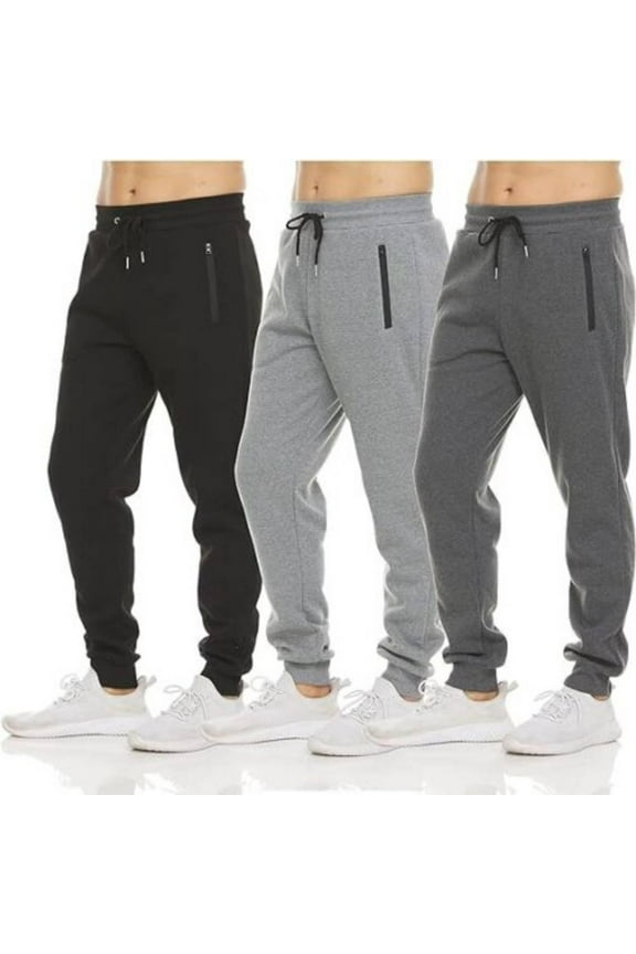 Mens 3 Pack Fleece Active Athletic Workout Jogger Sweatpants for Men with Zipper Pocket and Drawstring Size S-3XL