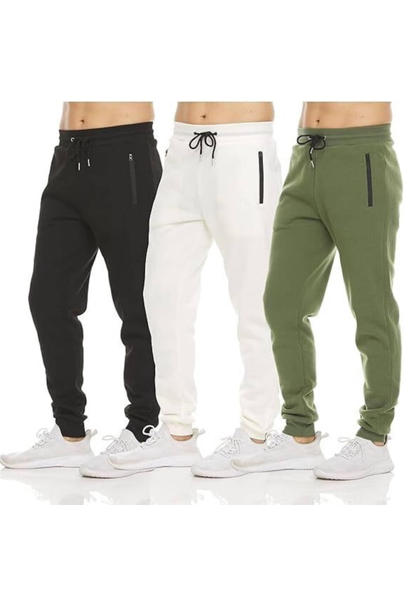 Mens 3 Pack Fleece Active Athletic Workout Jogger Sweatpants for Men with Zipper Pocket and Drawstring Size S-3XL