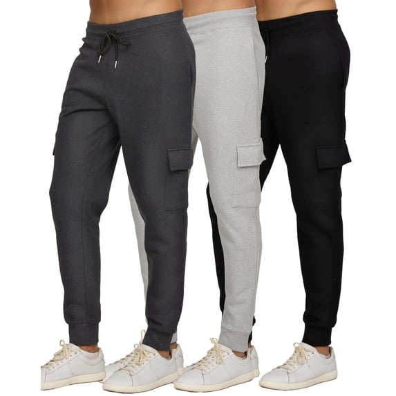 PURE CHAMP Mens 3 Pack Fleece Cargo Pants Active Athletic Mens Sweatpants Workout Jogger Drawstring Size S-3XL (SET1 Size 2X-Large)