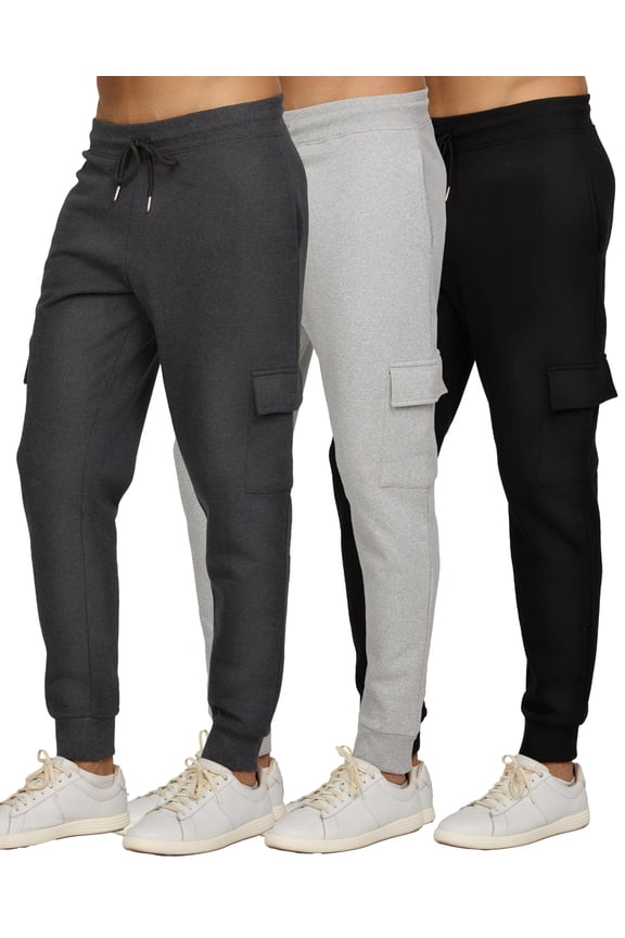 Mens 3 Pack Fleece Cargo Pants Active Athletic Mens Sweatpants Workout Jogger Drawstring Size S-3XL(SET1 Size Large)