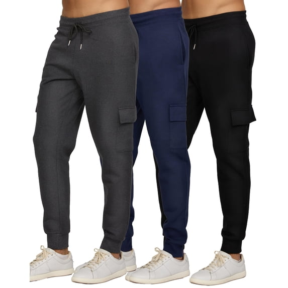 PURE CHAMP Mens 3 Pack Fleece Cargo Pants Active Athletic Mens Sweatpants Workout Jogger Drawstring Size S-3XL (SET2 Size 2X-Large)