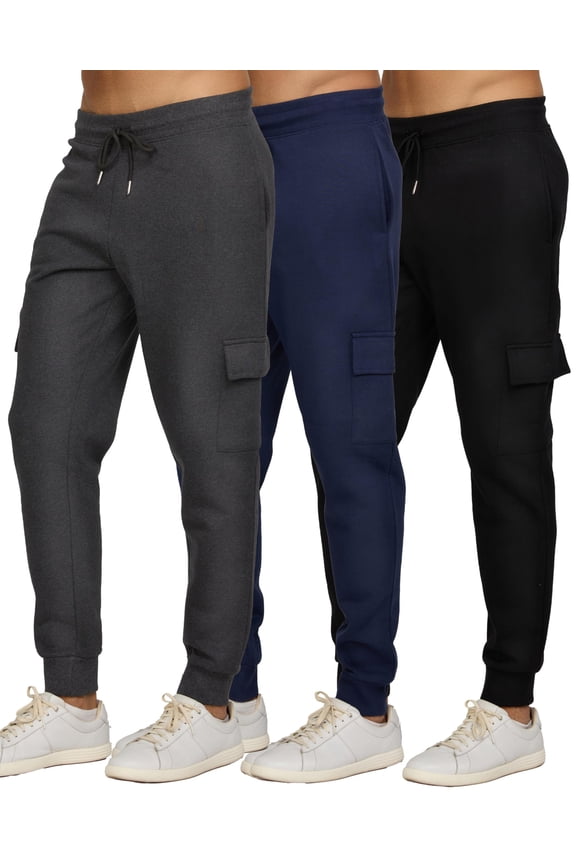Mens 3 Pack Fleece Cargo Pants Active Athletic Mens Sweatpants Workout Jogger Drawstring Size S-3XL (SET2 Size Small)