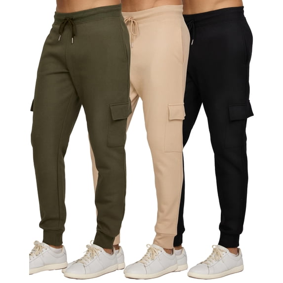 PURE CHAMP Mens 3 Pack Fleece Cargo Pants Active Athletic Mens Sweatpants Workout Jogger Drawstring Size S-3XL (SET5 Size X-Large)