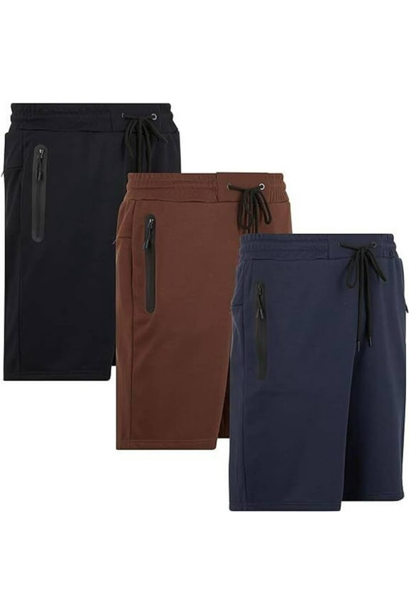 Mens 3 Pk French Terry Cotton Casual Gym Shorts for Men Athletic Workout Training Sweat Shorts with Zipper Pocket