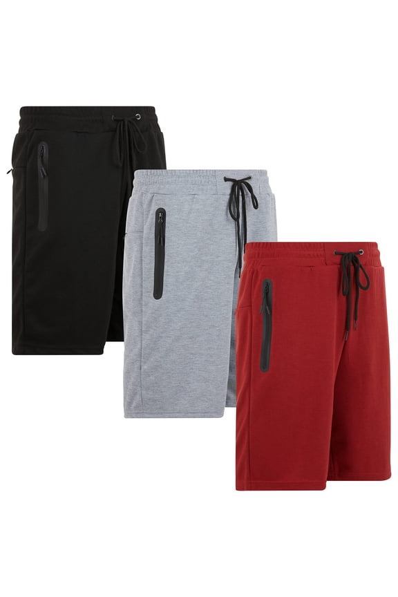 Mens Shorts 3 Pack Tech Fleece Gym Shorts for Men Athletic Workout Shorts with Zipper Pocket and Drawstring Size XS-3XL (SET-02 S)