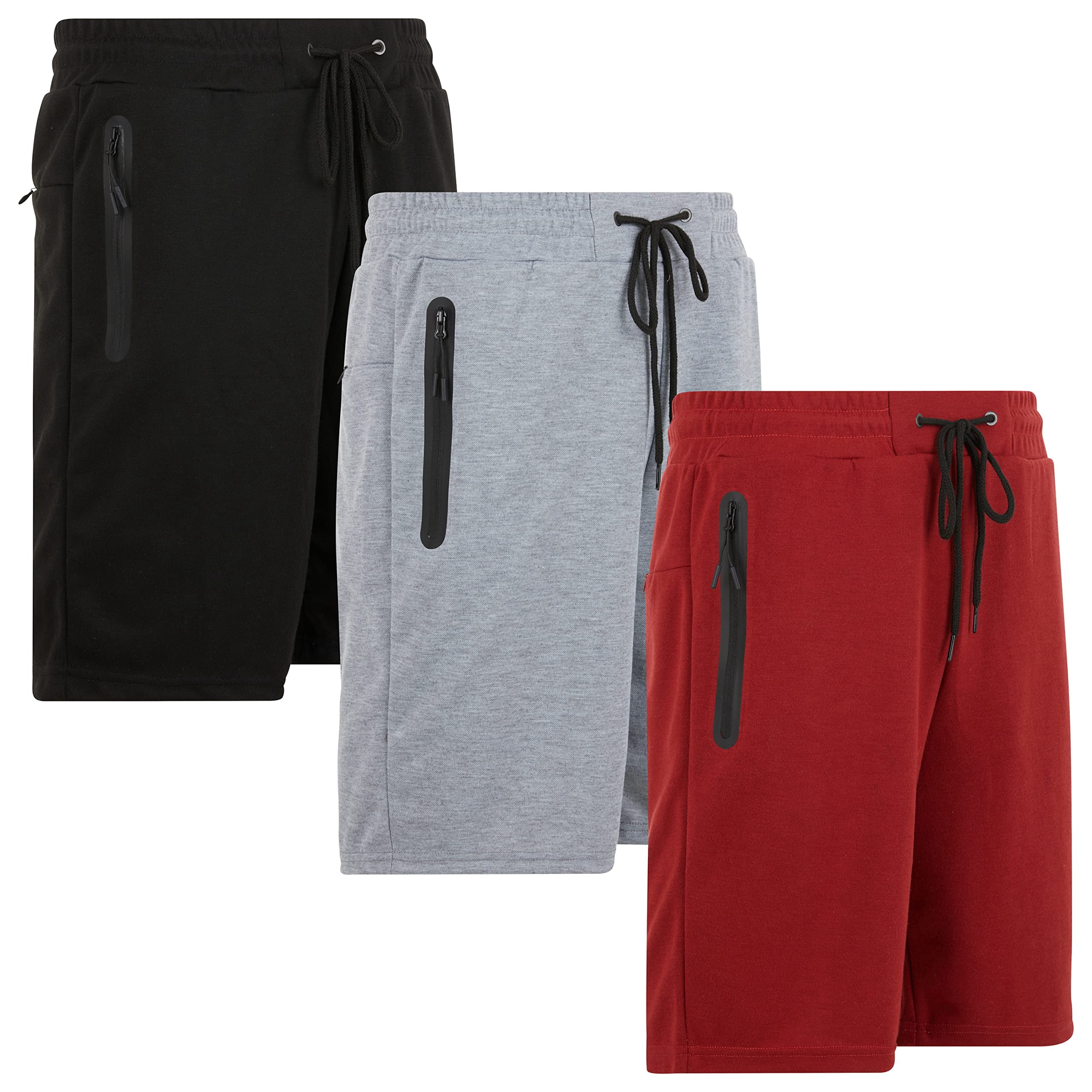 Mens Shorts 3 Pack Tech Fleece Gym Shorts for Men Athletic Workout Shorts with Zipper Pocket and Drawstring Size XS-3XL (SET-02 XS)