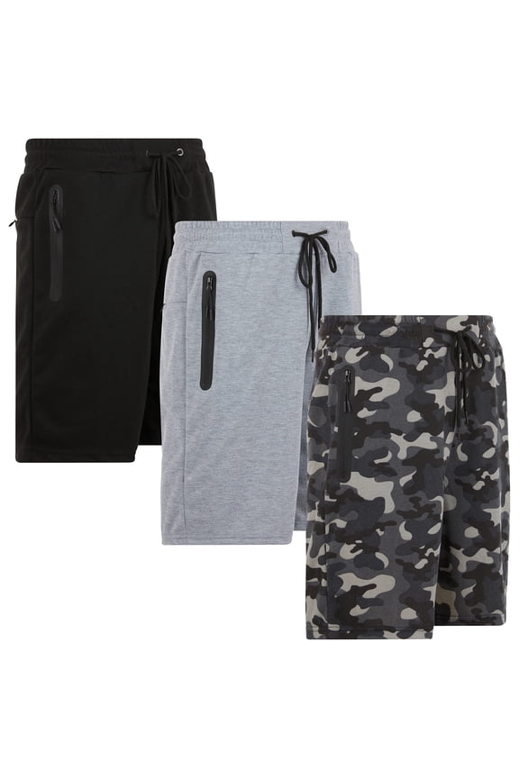 Mens Shorts 3 Pack Tech Fleece Gym Shorts for Men Athletic Workout Shorts with Zipper Pocket and Drawstring Size XS-3XL (SET-05 XS)
