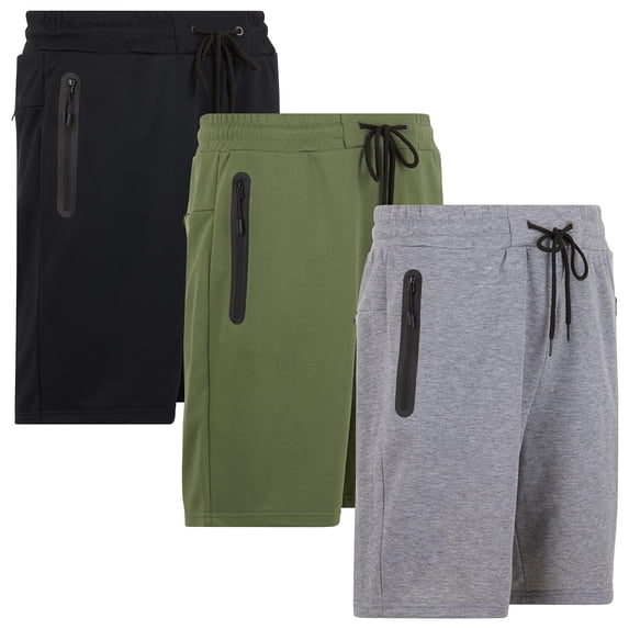 PURE CHAMP Mens Shorts French Terry 3 Pack Gym Shorts for Men Athletic Workout Training Shorts with Zipper Pocket and Drawstring Size XS-3XL (Group E, Large)